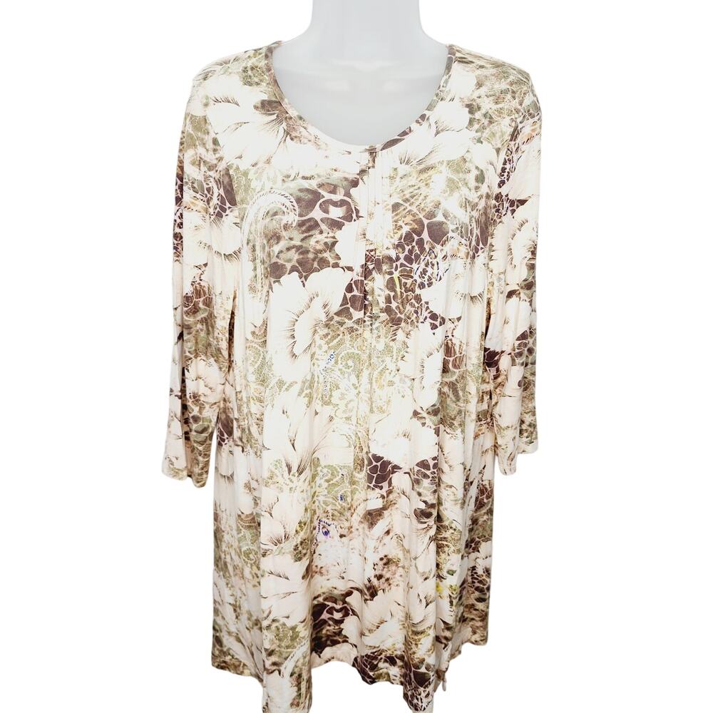 Soft Surroundings Peyton Tunic Top L Floral Animal Print 3/4 Sleeve Stretch